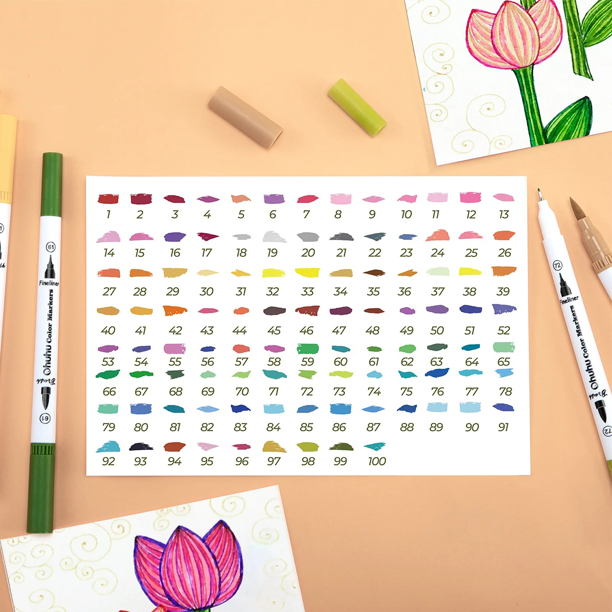 Ohuhu Σετ 100 Μαρκαδόρων με Βάση το Νερό Brush & Fineliner - Image 2